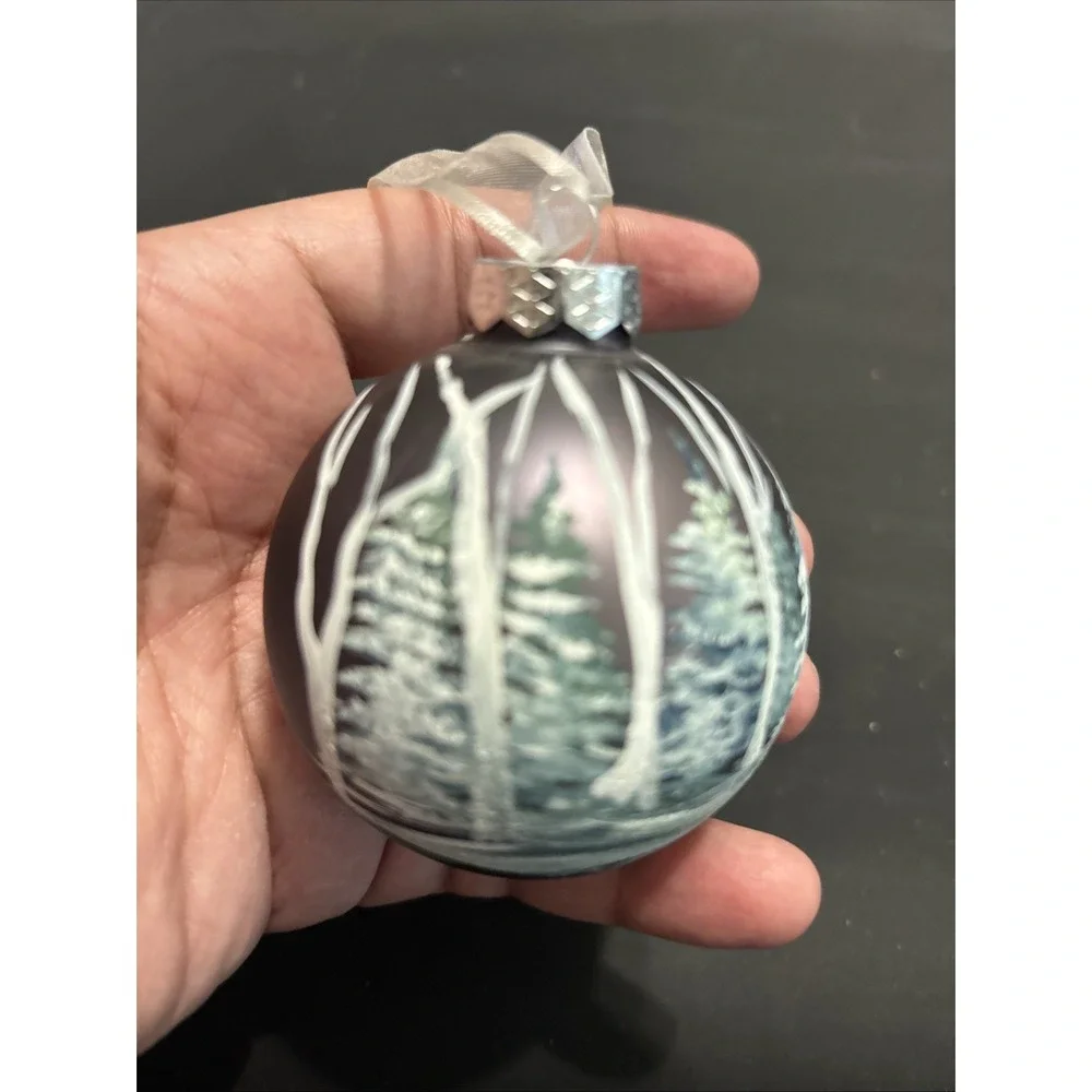Hand Painted Glass Ball Christmas Ornament Winter Snowy Forest Trees Matte Gray